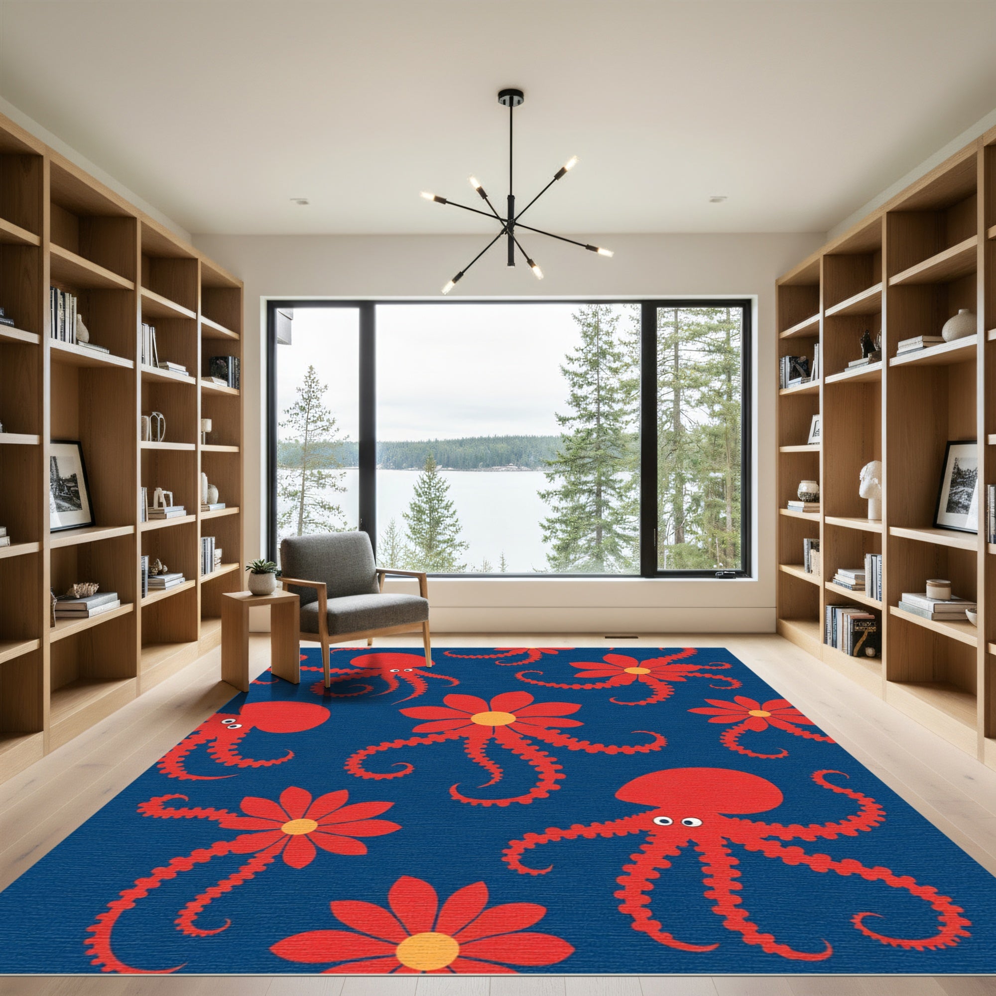Red Octopus Floral Marine Accent Rug