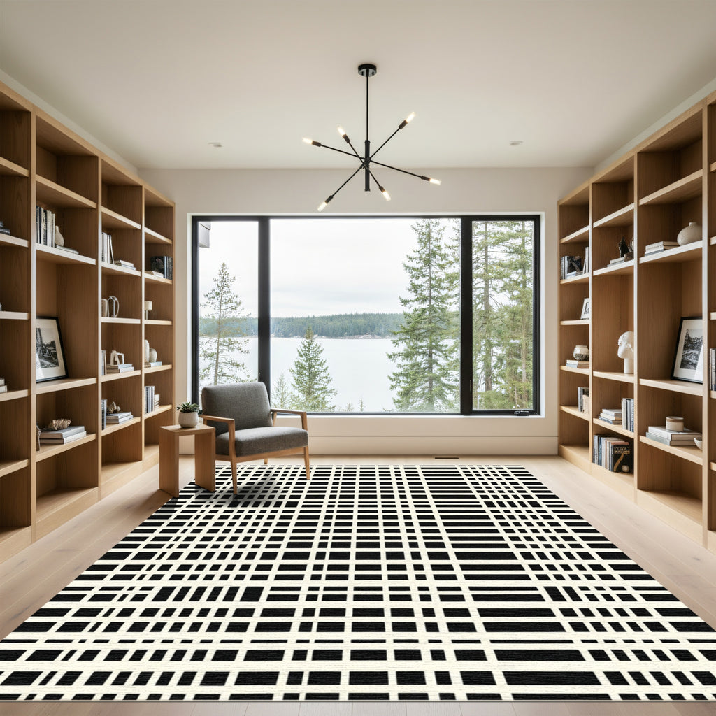 Black and Cream Grid Rectangles Rug