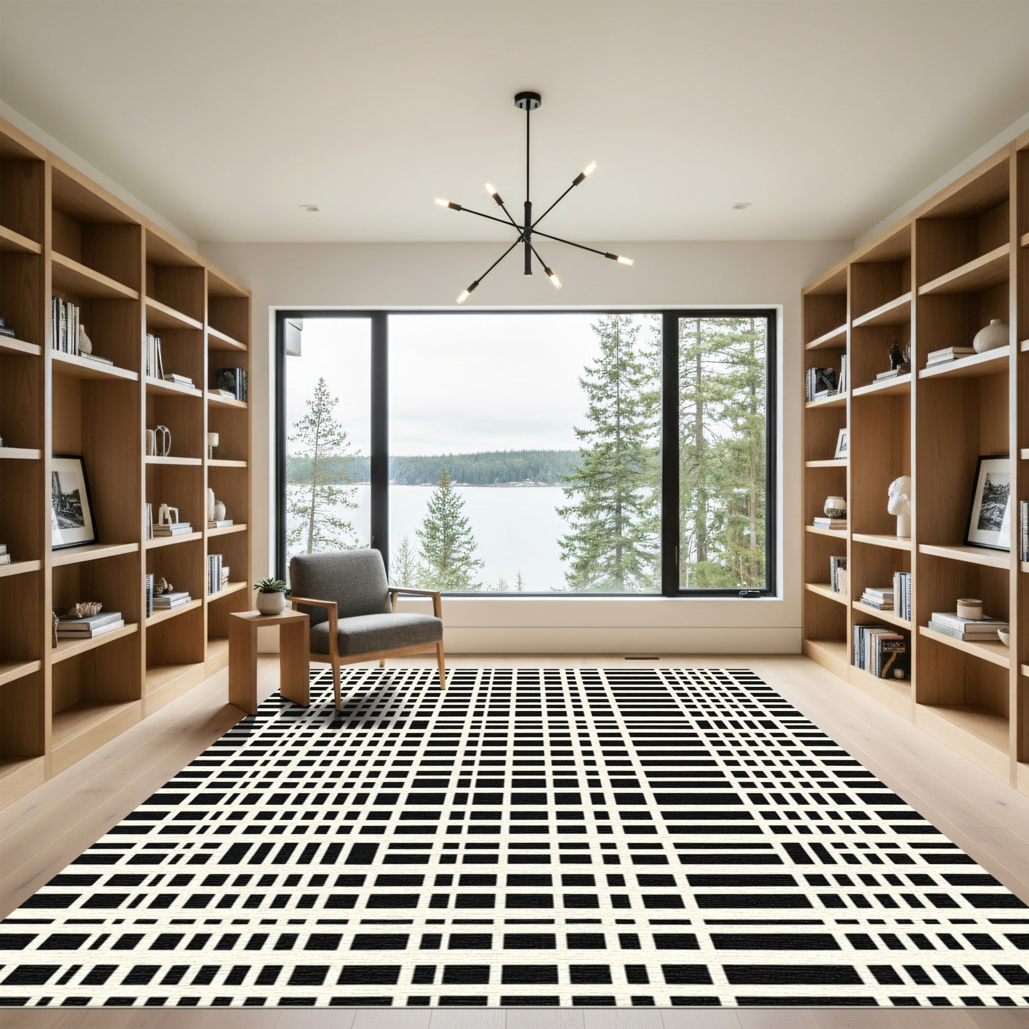 Black and Cream Grid Rectangles Rug
