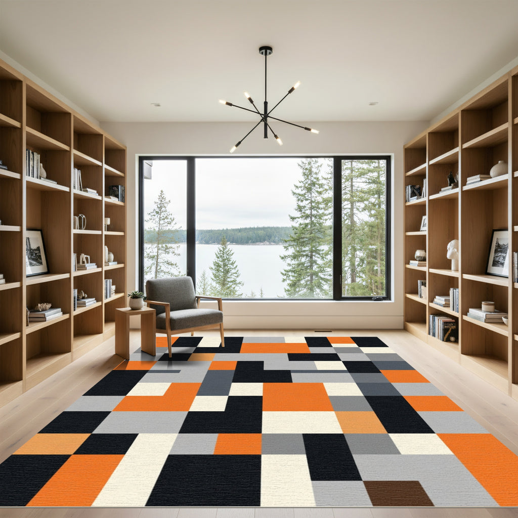Bold Orange Gray Black Abstract Blocks Rug