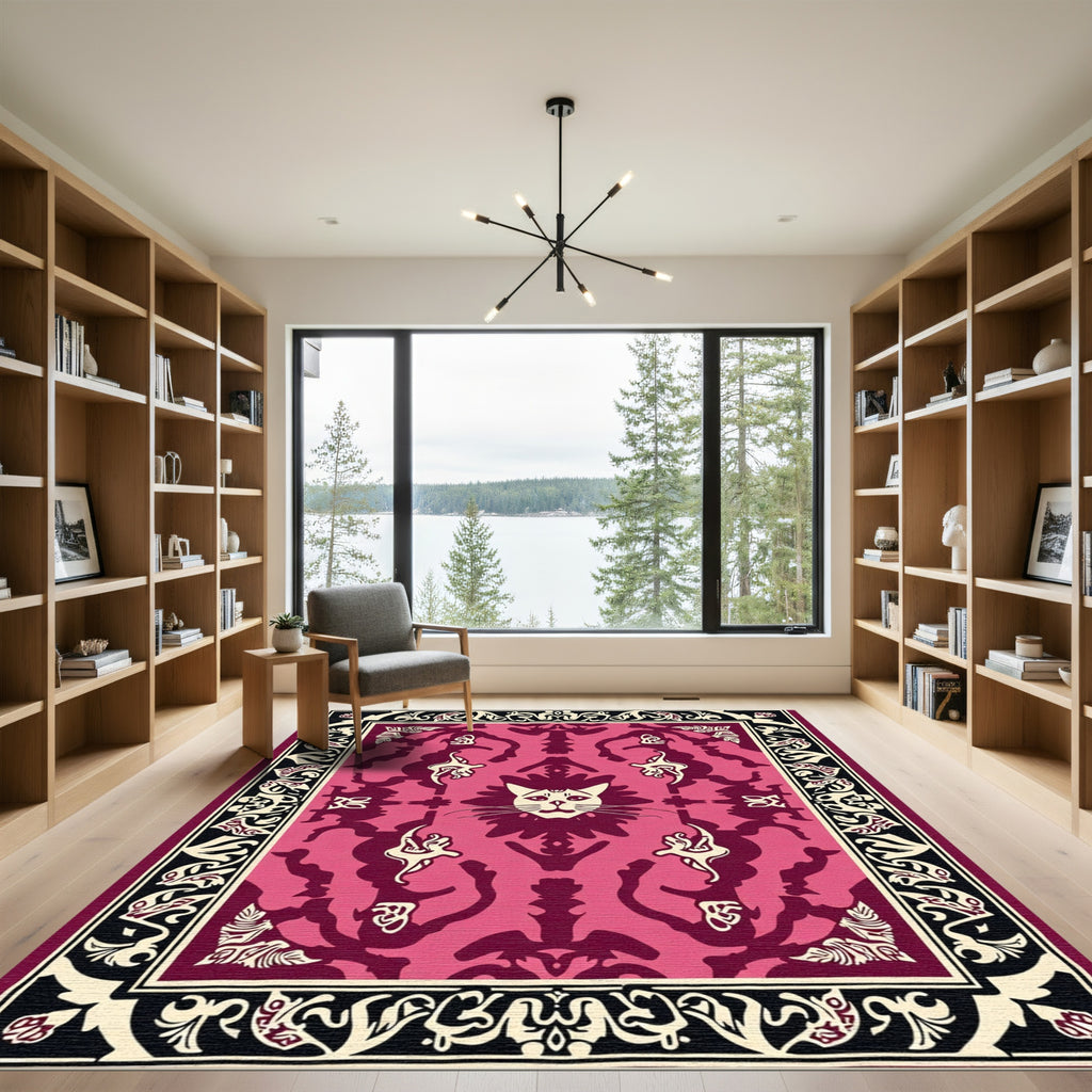 Whimsical Pink Cat Face Border Rug