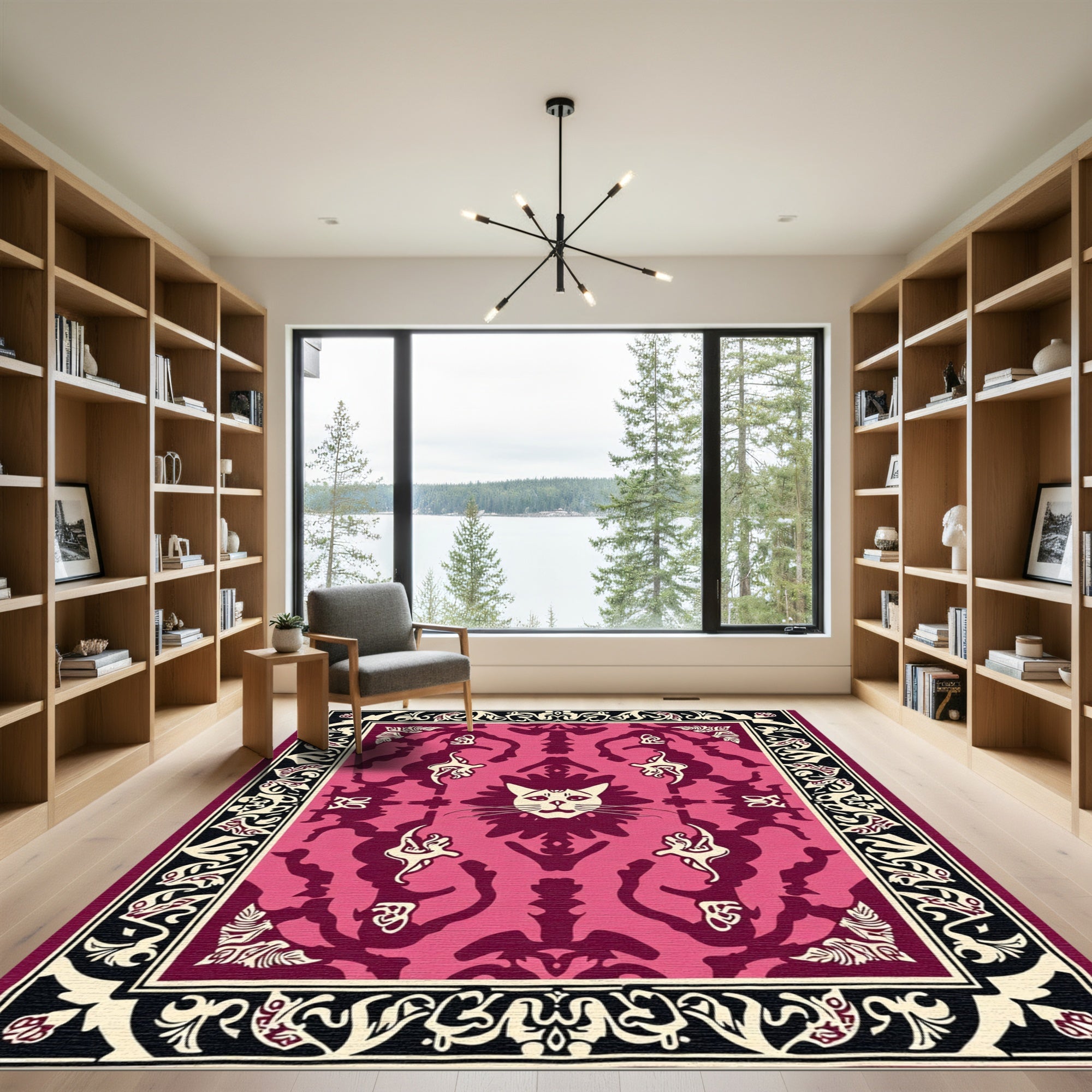 Whimsical Pink Cat Face Border Rug