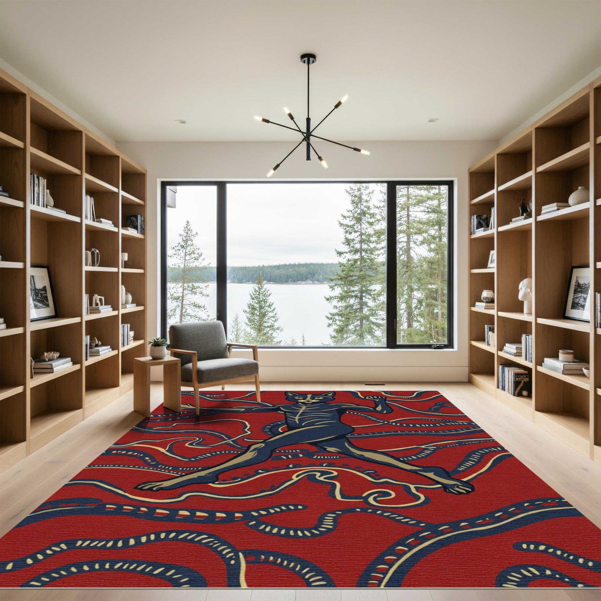 Red Indigo Cat Figure Waves Rug