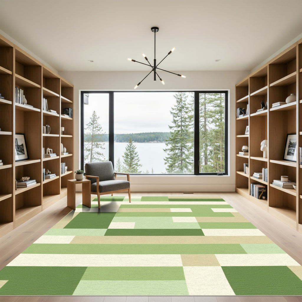 Abstract Green Beige Geometric Blocks Rug