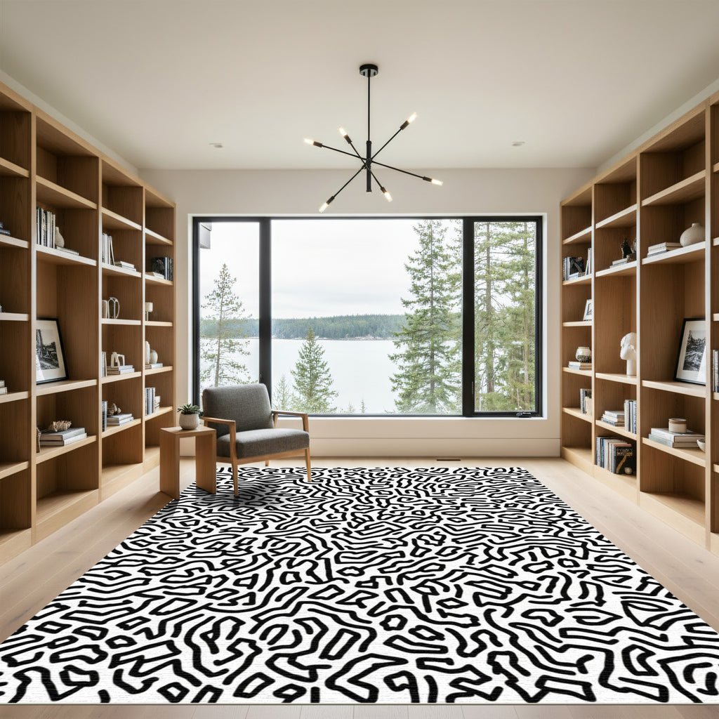 Black White Abstract Line Maze Rug