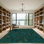 Deep Teal Golden Feathers Foliage Rug