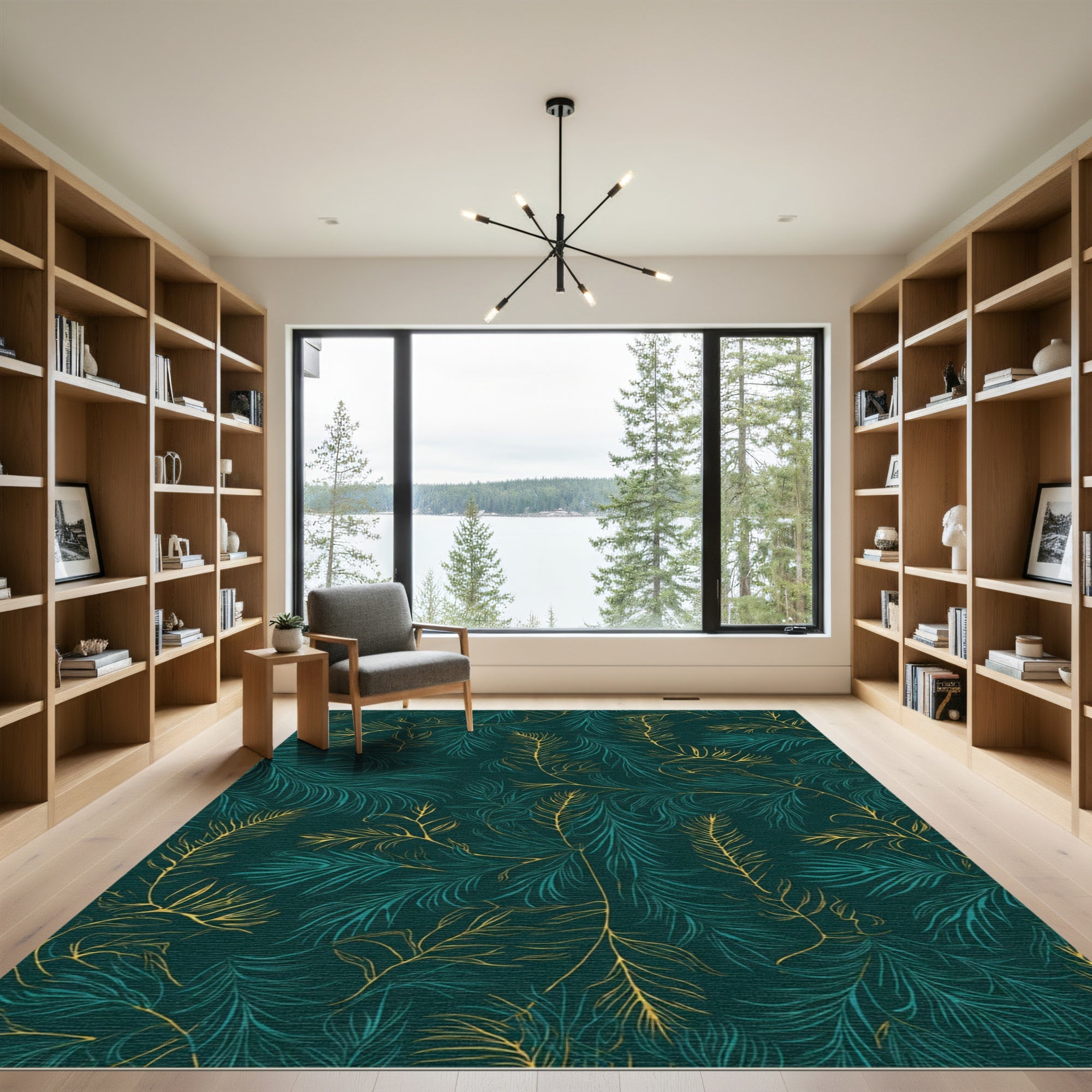 Deep Teal Golden Feathers Foliage Rug
