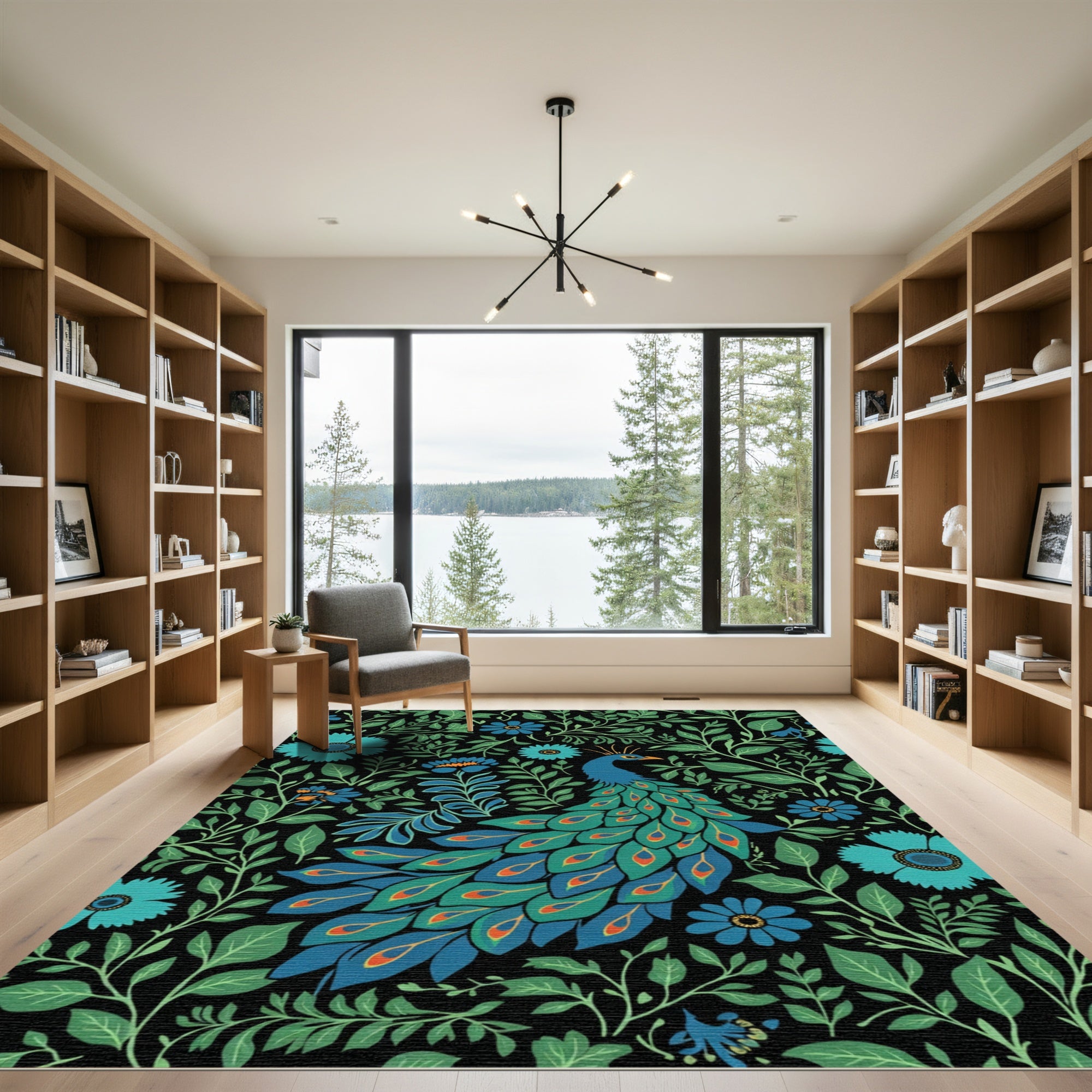 Peacock Emerald Black Floral Garden Rug
