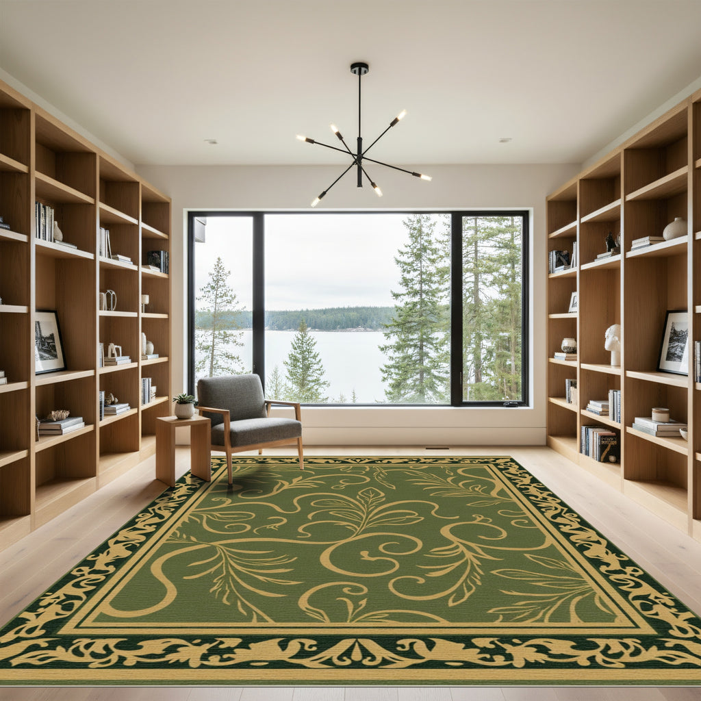 Olive Green Golden Floral Scroll Border Rug