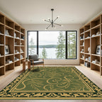 Olive Green Golden Floral Scroll Border Rug