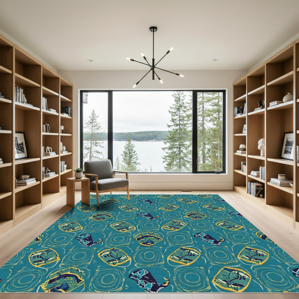 Teal Teal And Gold Animal Motif Rug