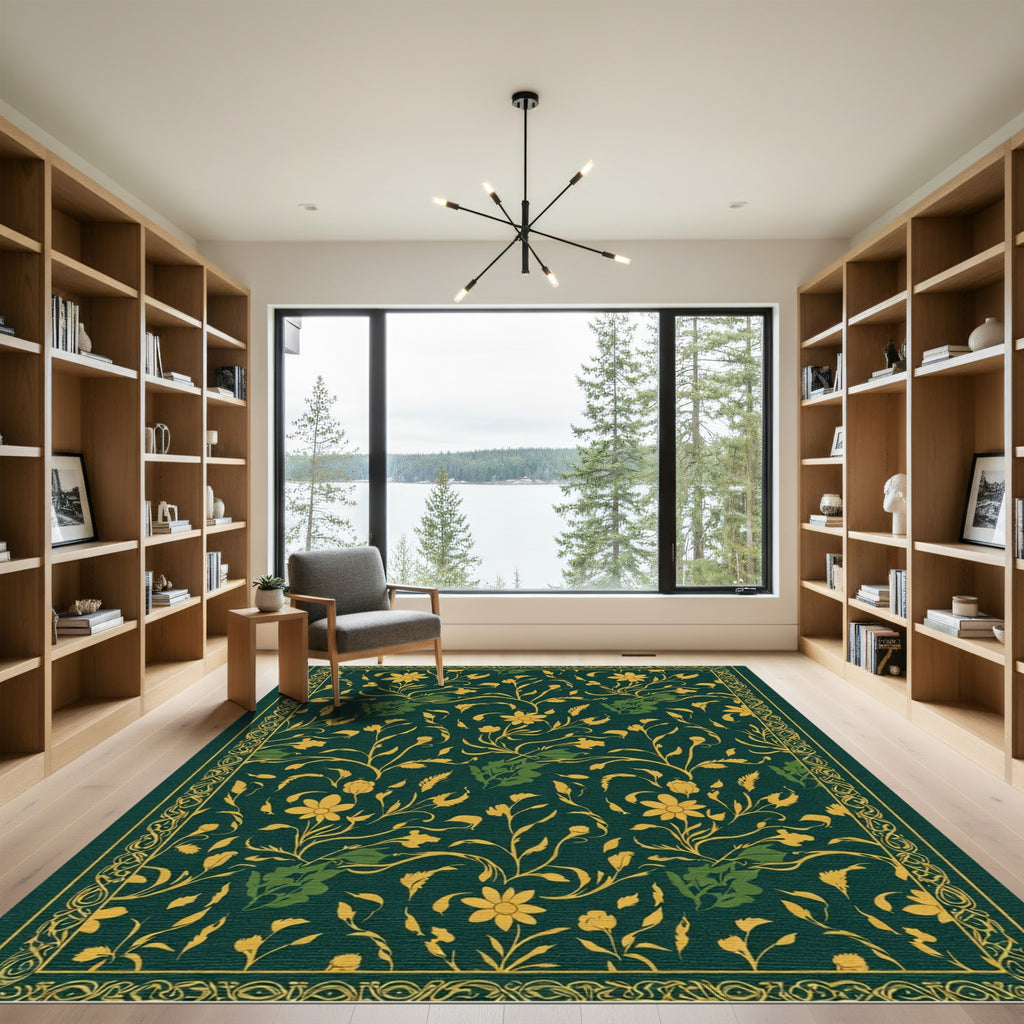 Dark Green Floral Vine Art Rug