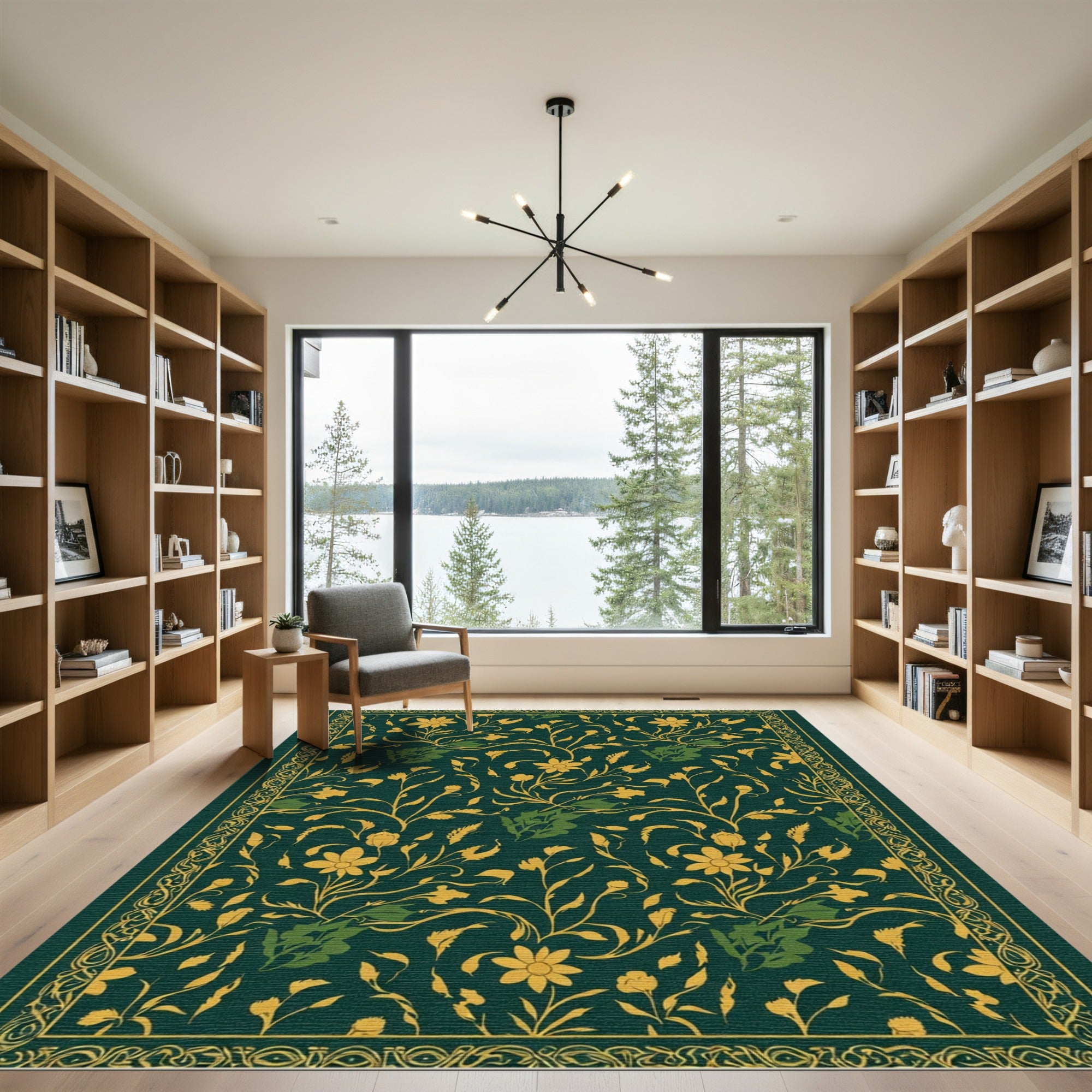 Dark Green Floral Vine Art Rug