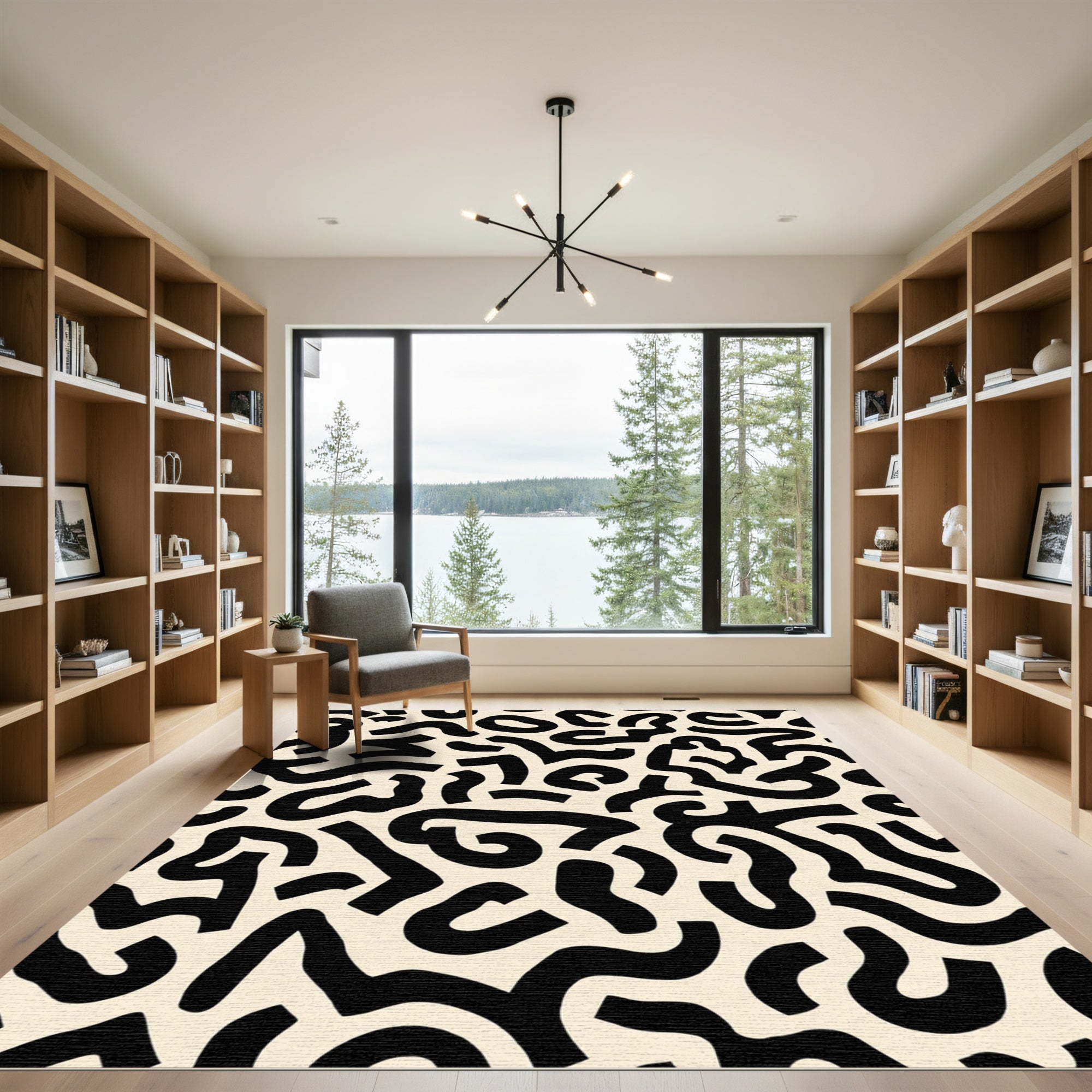Black Organic Abstract Wavy Lines Rug