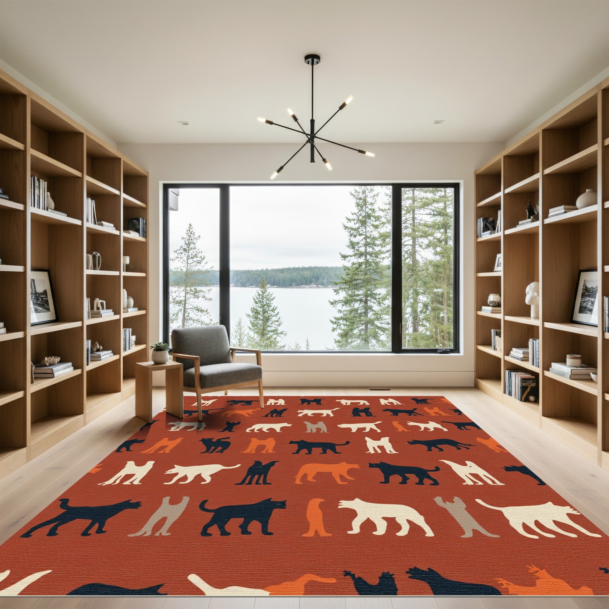 Whimsical Cat Silhouette Ochre Orange Rug