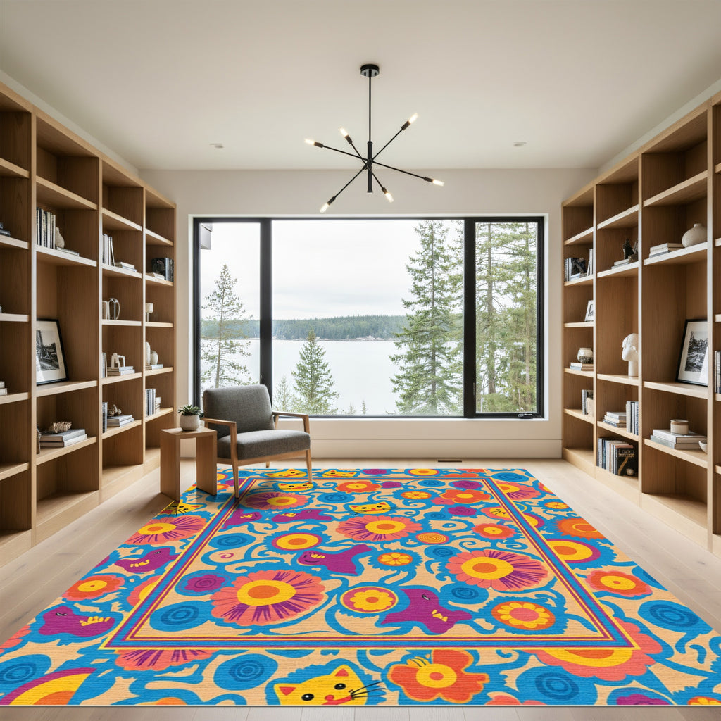 Whimsical Cat Floral Abstract Rug