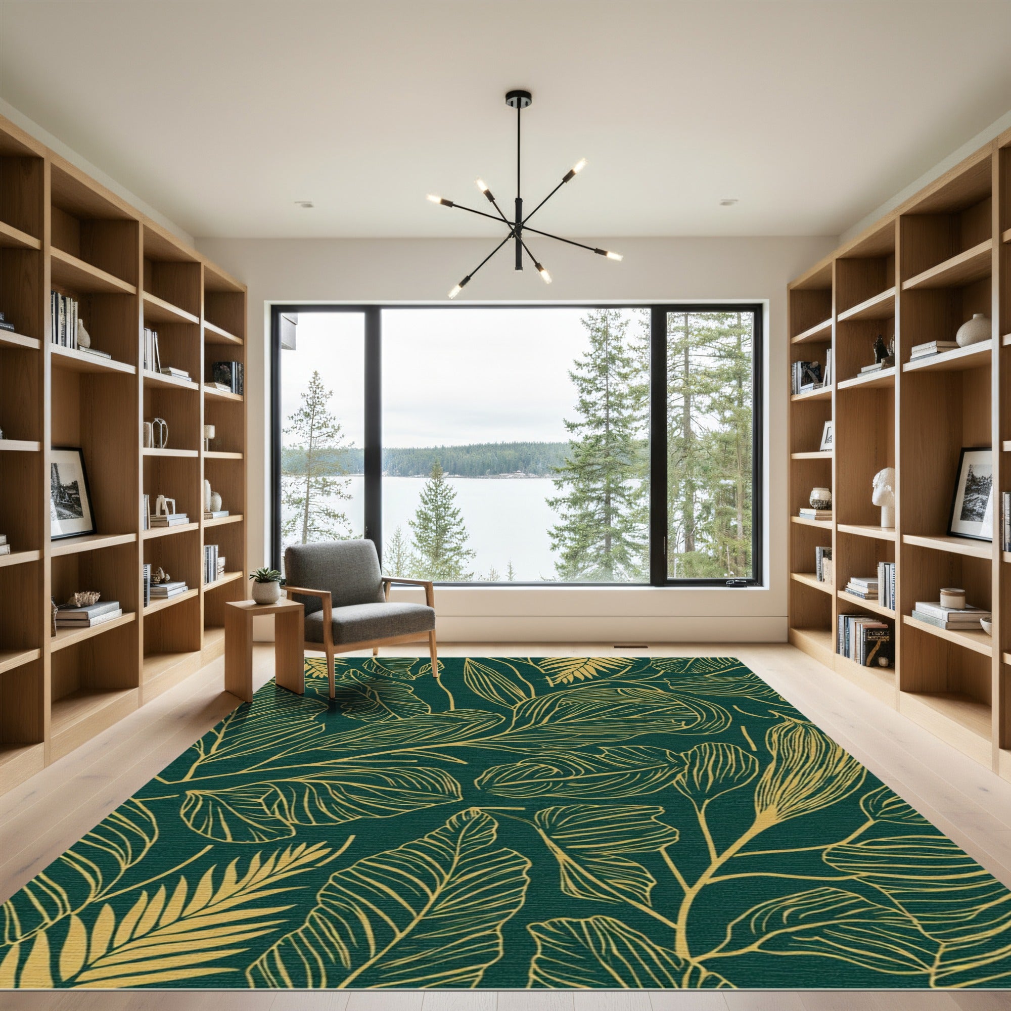 Deep Green Golden Leaf Botanical Rug