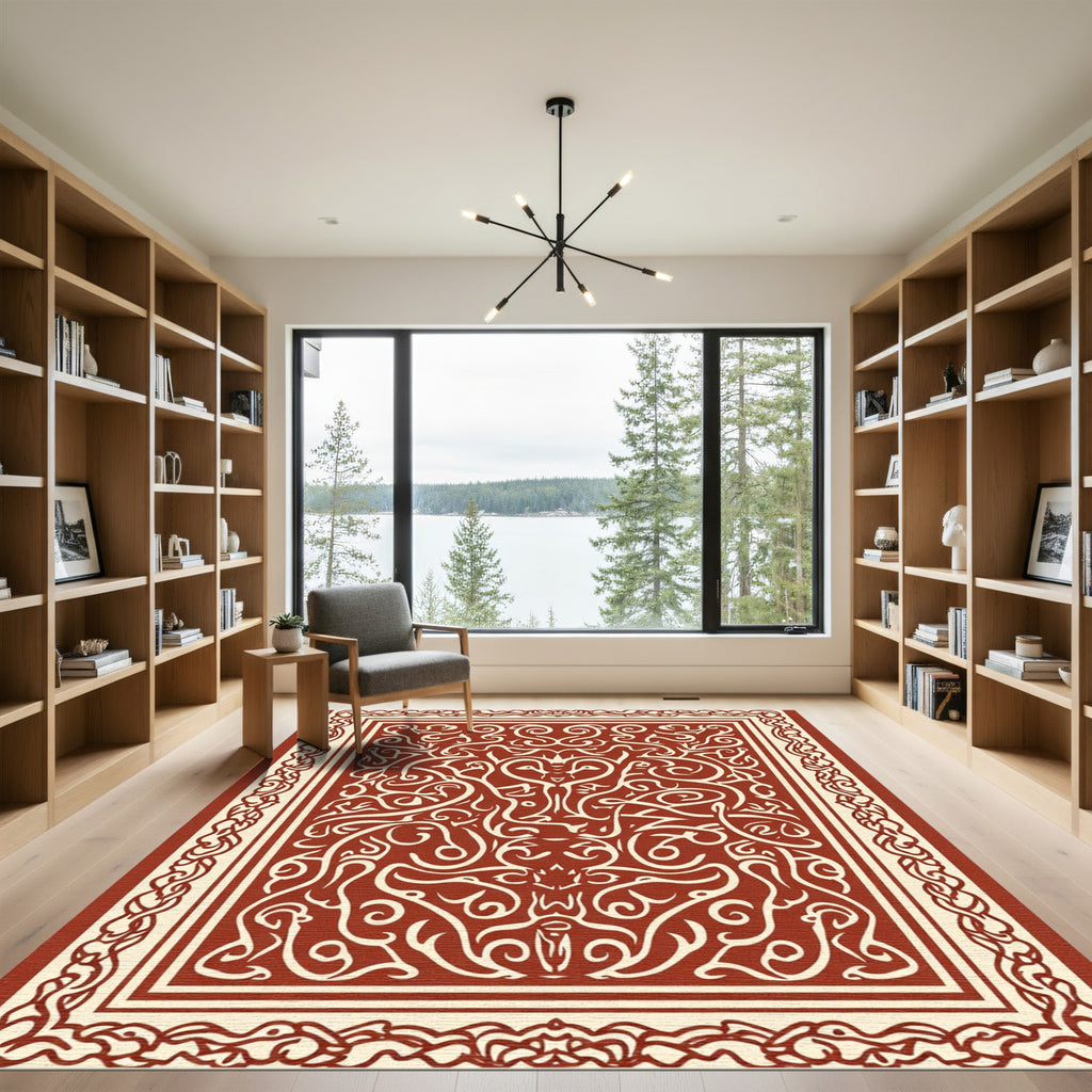 Cream and Crimson Intricate Scrollwork Rug