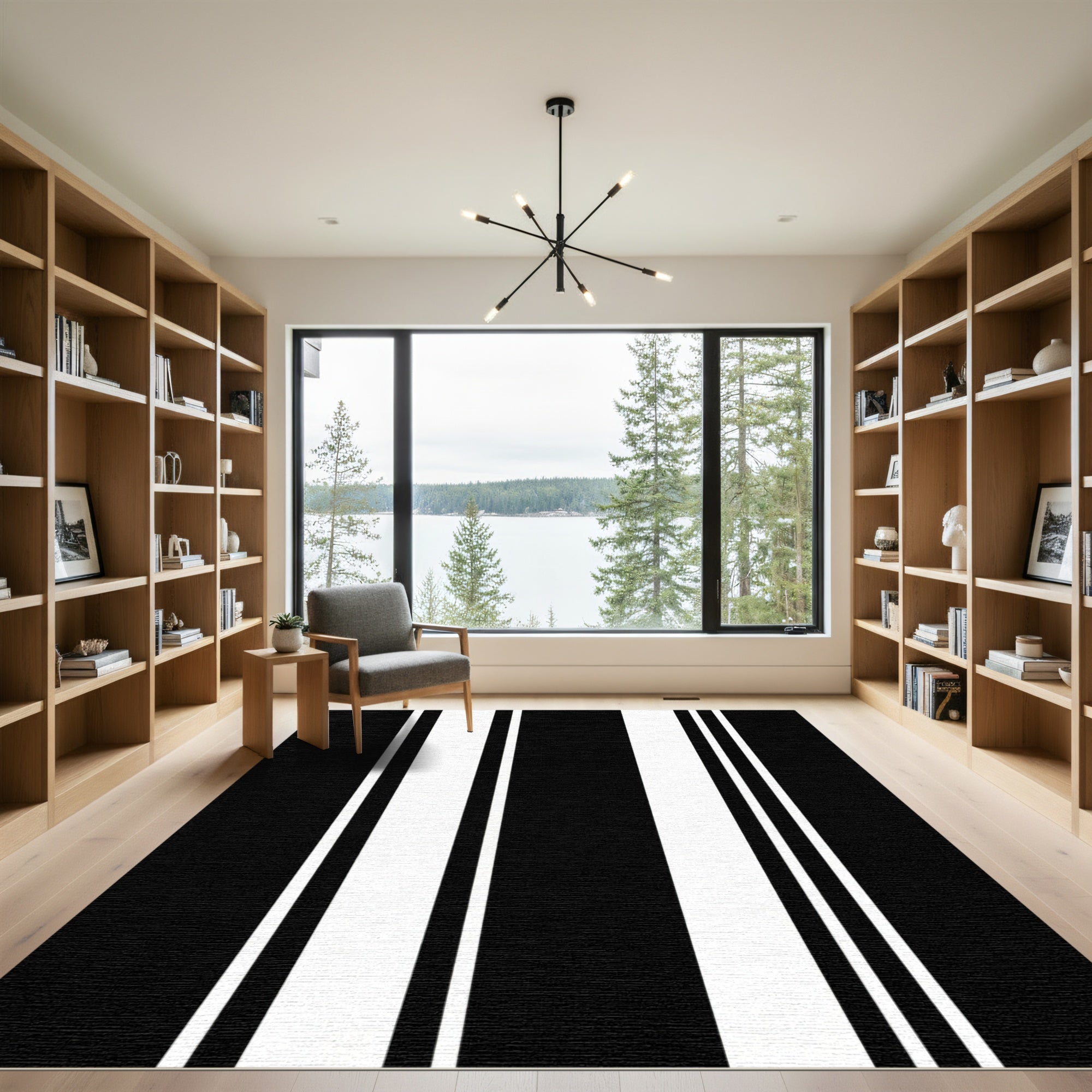 Striking Black White Parallel Bands Rug