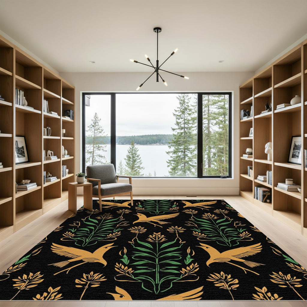 Golden Birds Green Foliage Black Rug