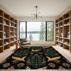 Golden Birds Green Foliage Black Rug