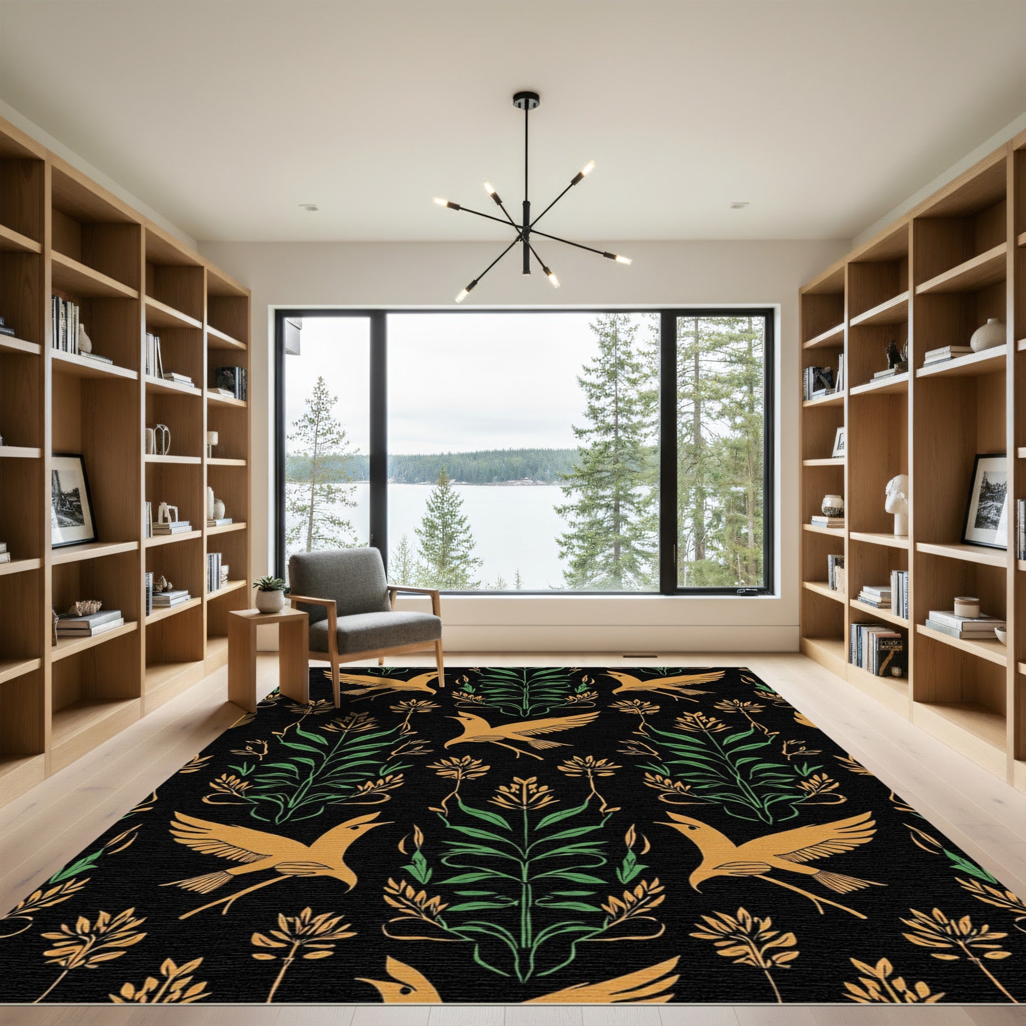 Golden Birds Green Foliage Black Rug