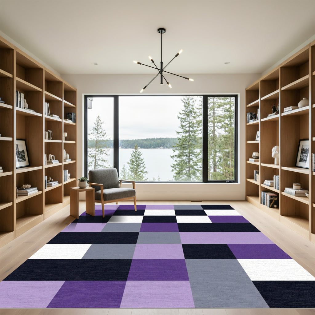 Modern Geometric Blocks Lavender Black Rug