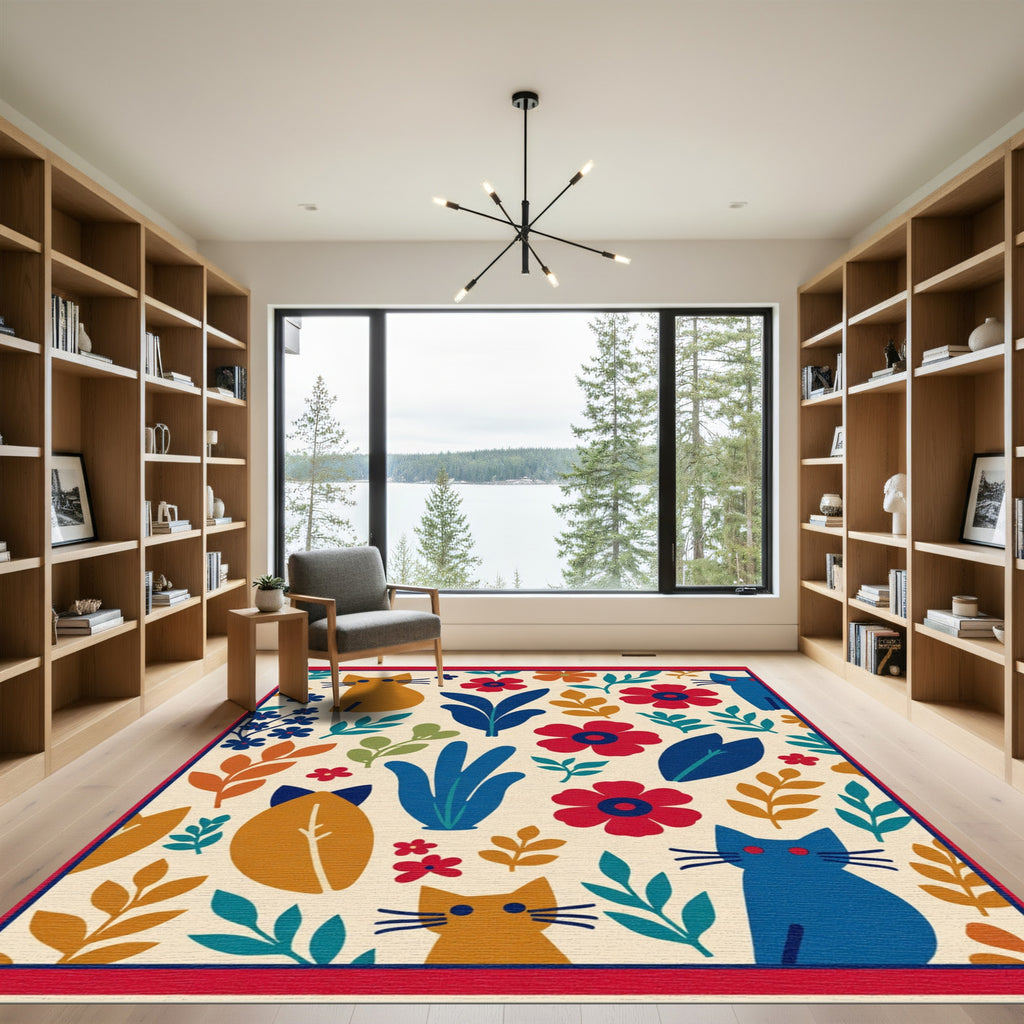 Whimsical Orange Blue Cat Floral Ivory Rug