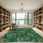 Deep Teal Lush Foliage Fern Leaves Rug