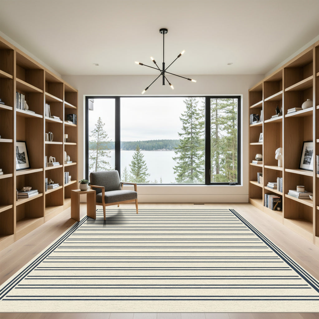 Minimalist Navy Stripe Cream Rug