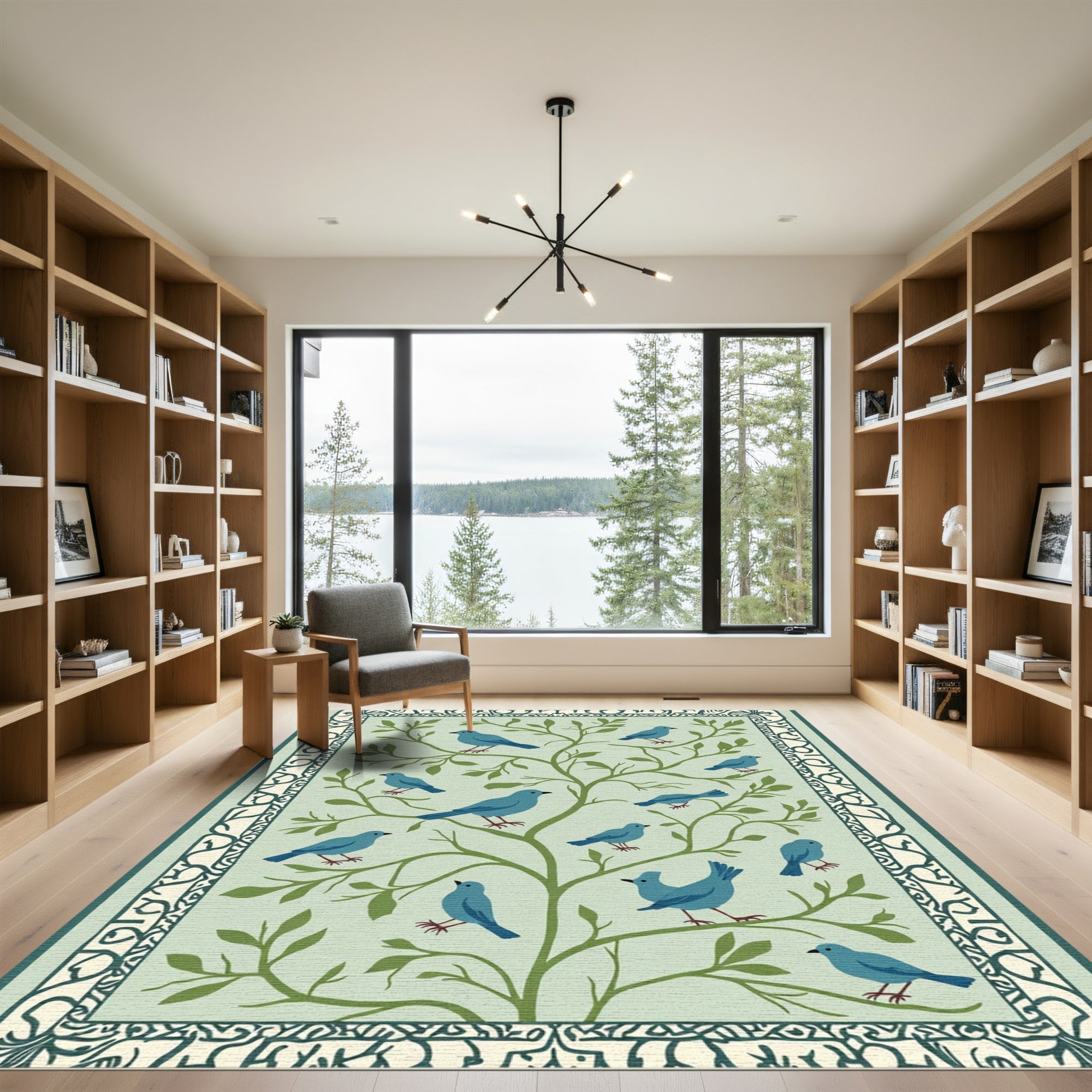 Blue Birds on Green Branches Rug