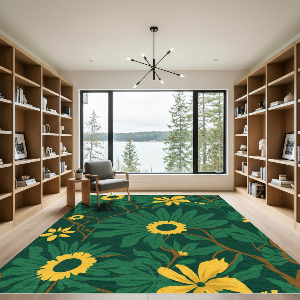 Emerald Green Yellow Floral Vines Rug