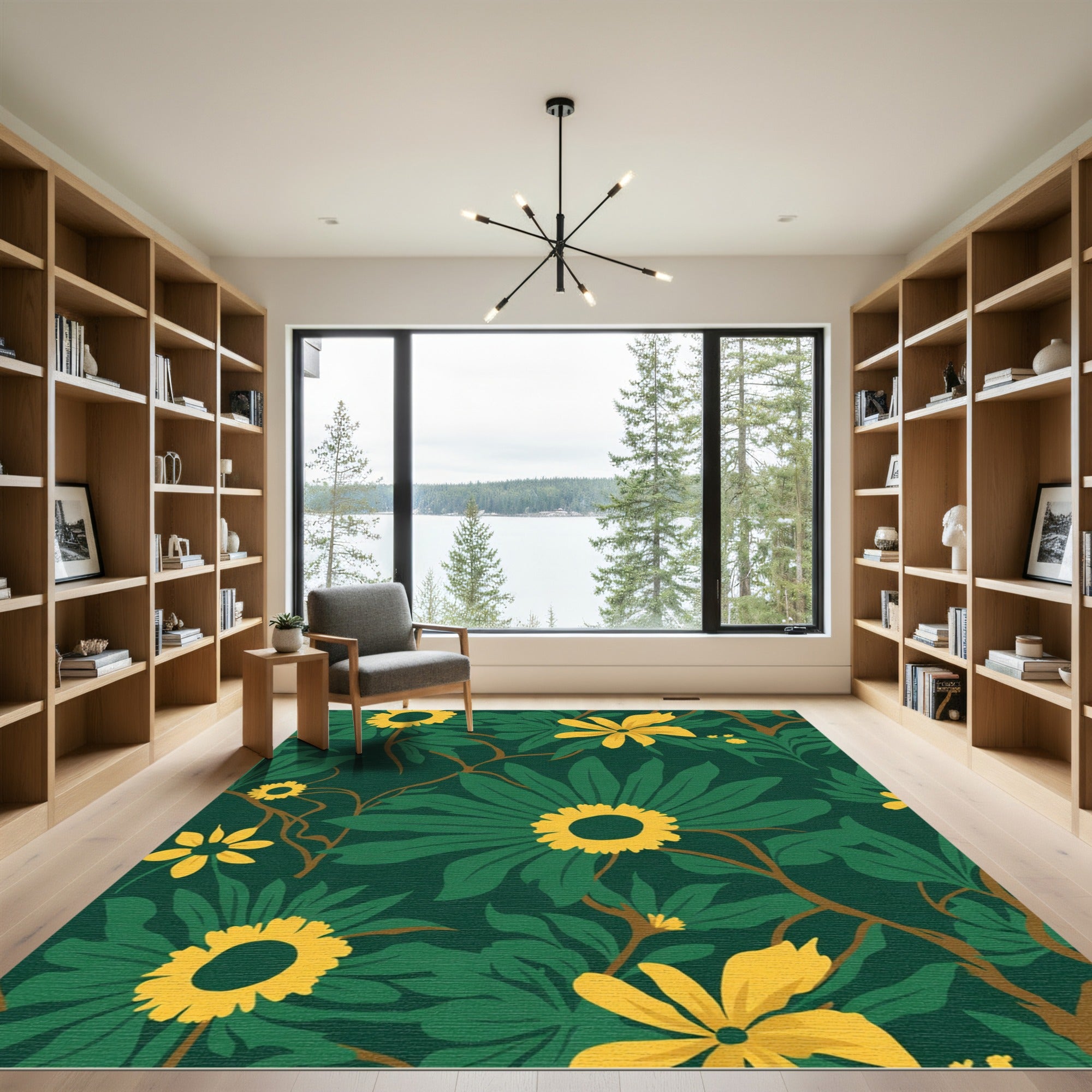 Emerald Green Yellow Floral Vines Rug
