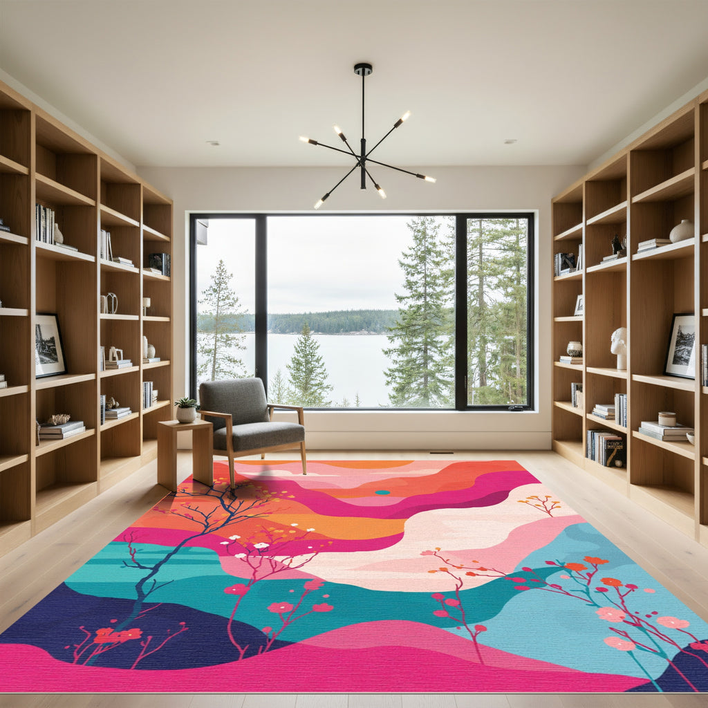 Vibrant Mountain Landscape with Blooming Branches Rug