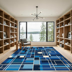Deep Blue Geometric Grid Composition Rug