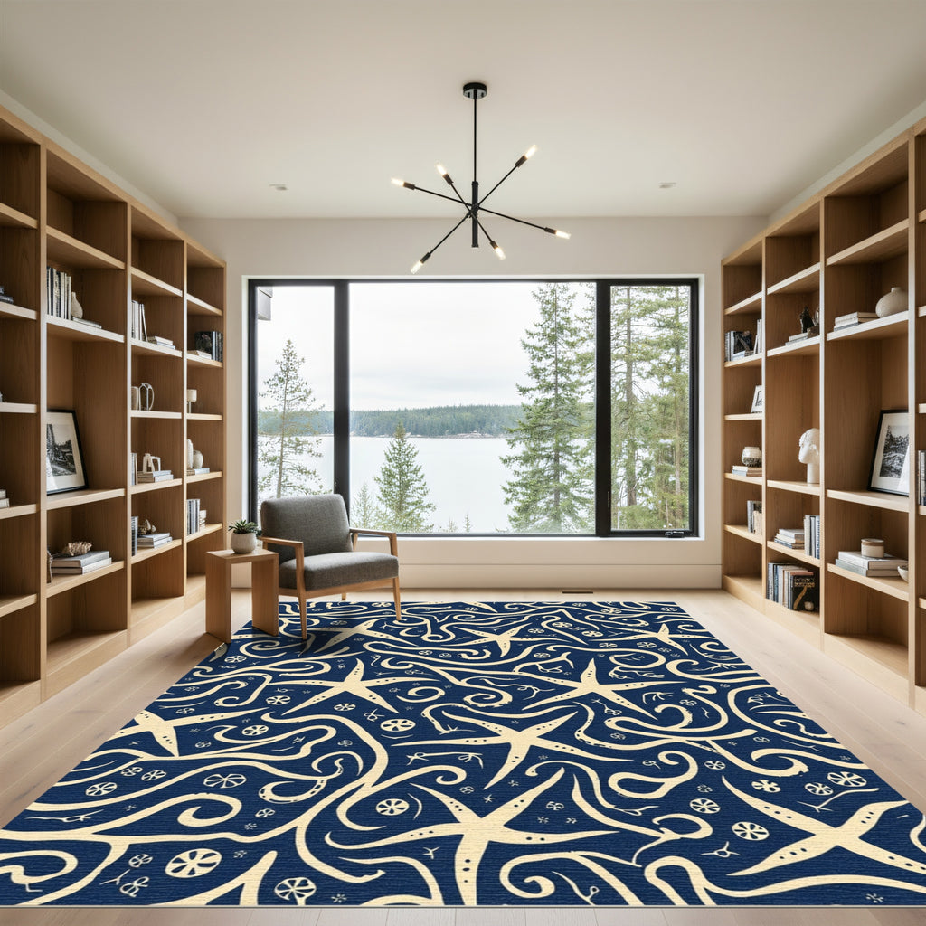 Navy Cream Starfish Swirl Ocean Rug