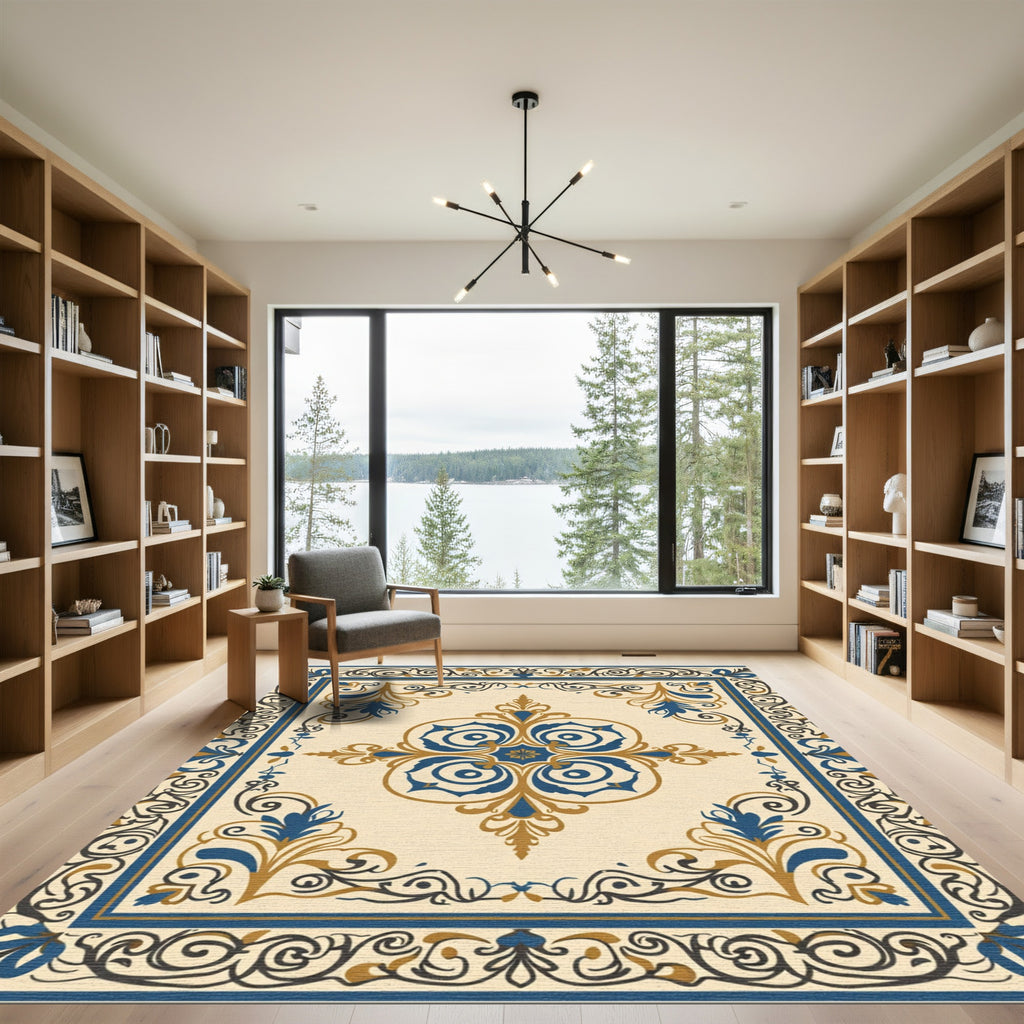 Golden Blue Vintage Scroll Medallion Rug