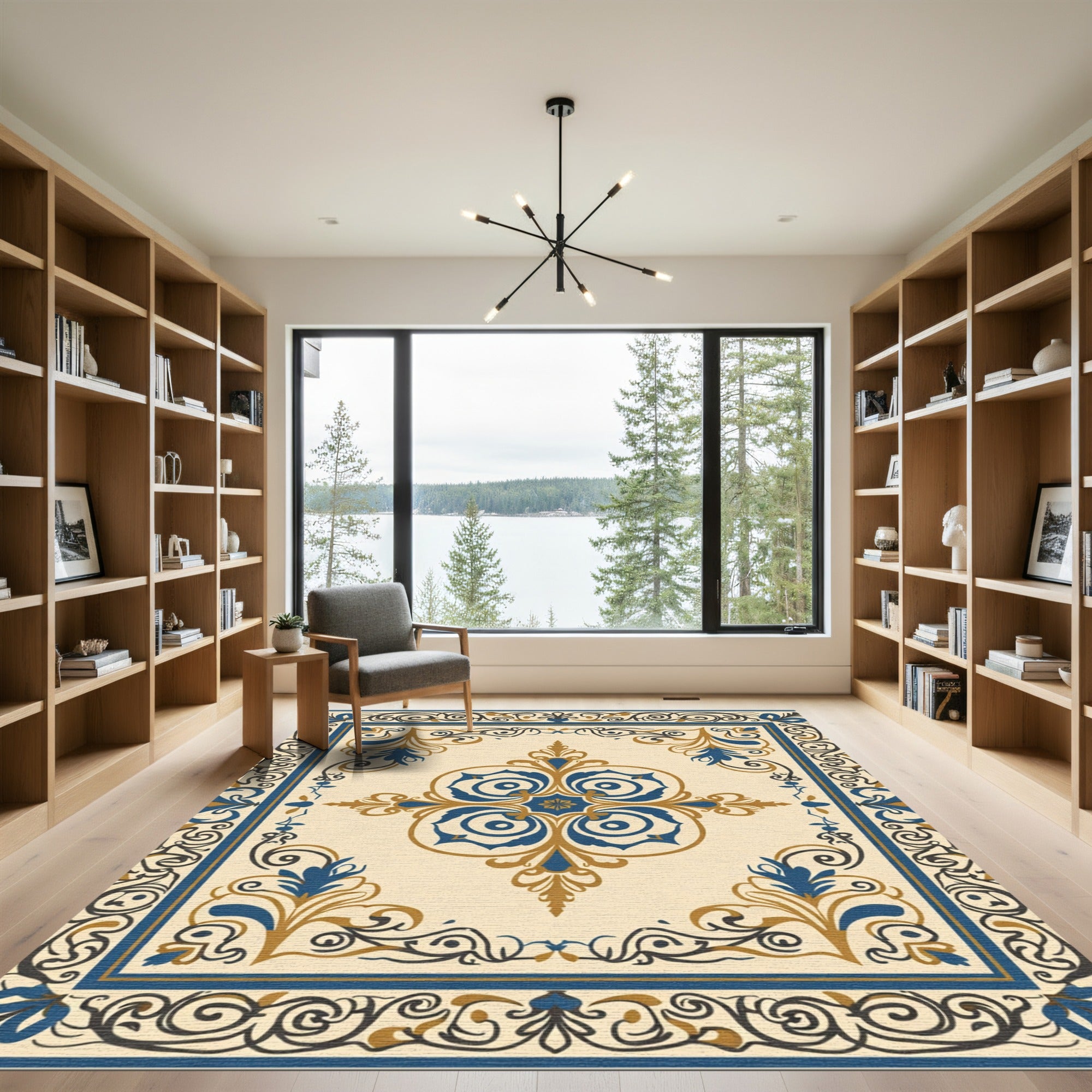 Golden Blue Vintage Scroll Medallion Rug