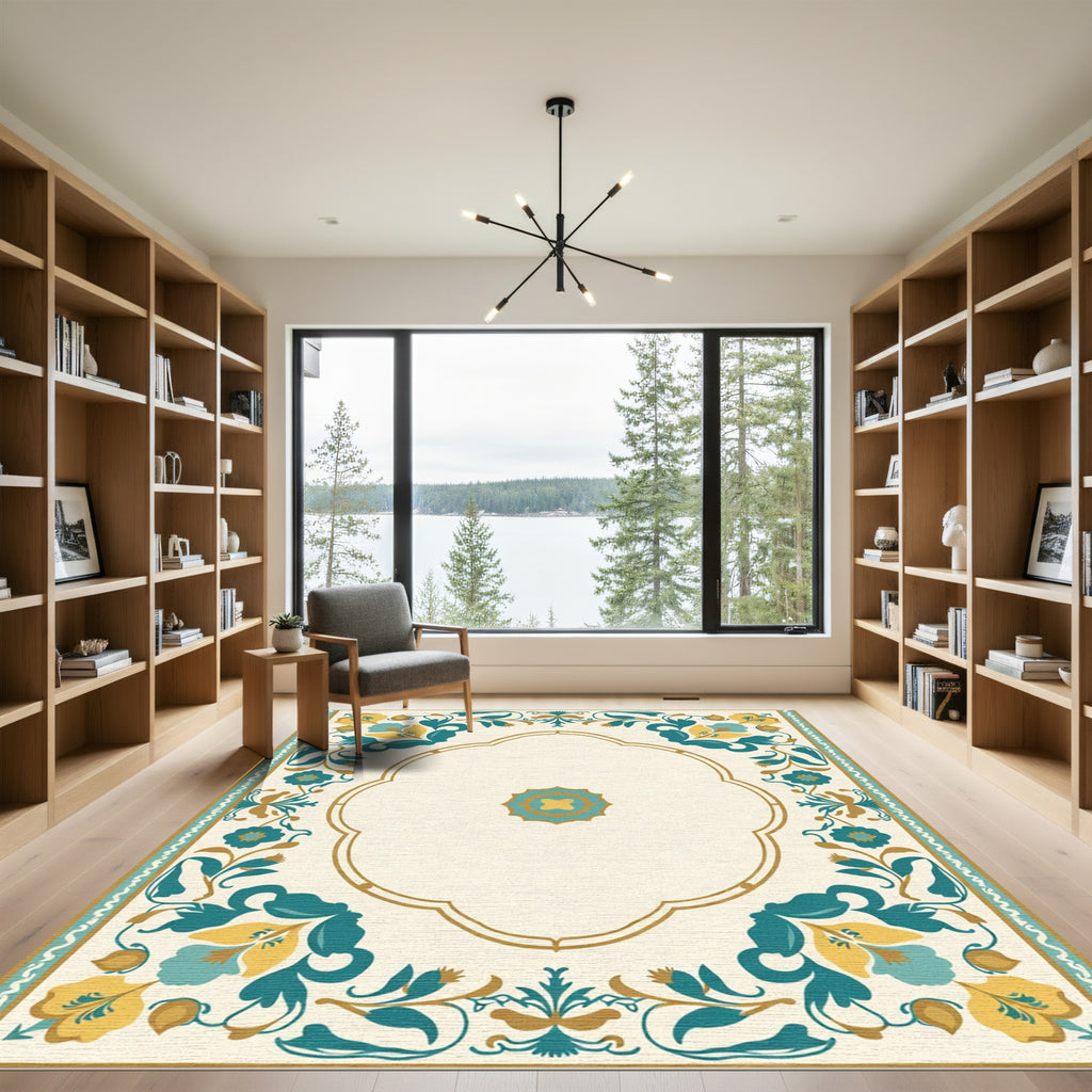 Golden Teal Floral Arch Border Rug