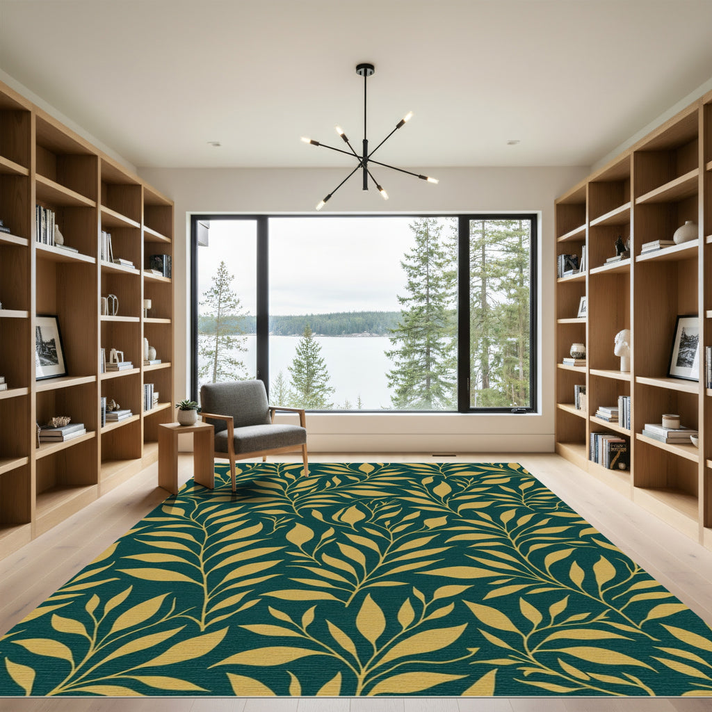 Golden Leaf Branches Teal Rug