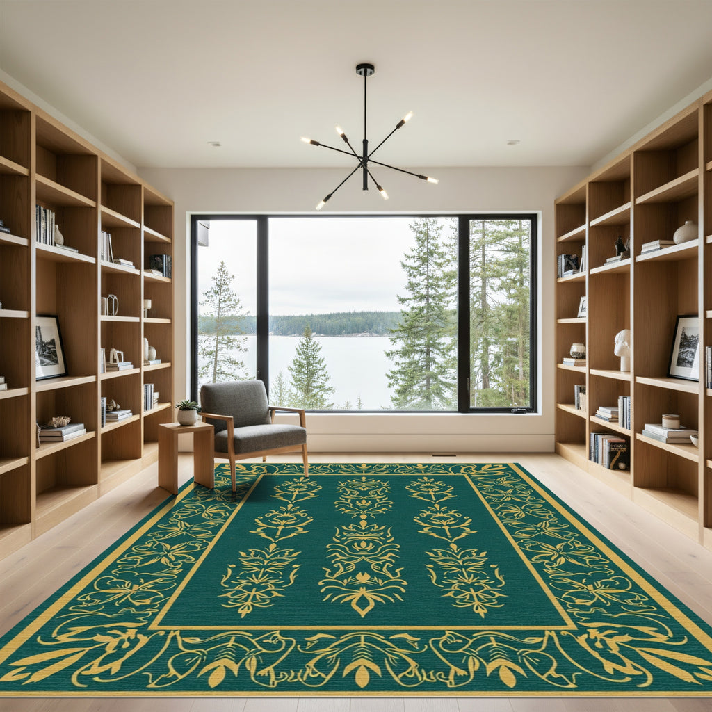 Emerald Gold Floral Damask Frame Rug