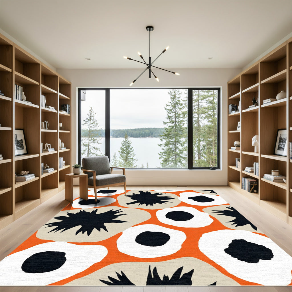 Bold Orange Black White Floral Explosion Rug