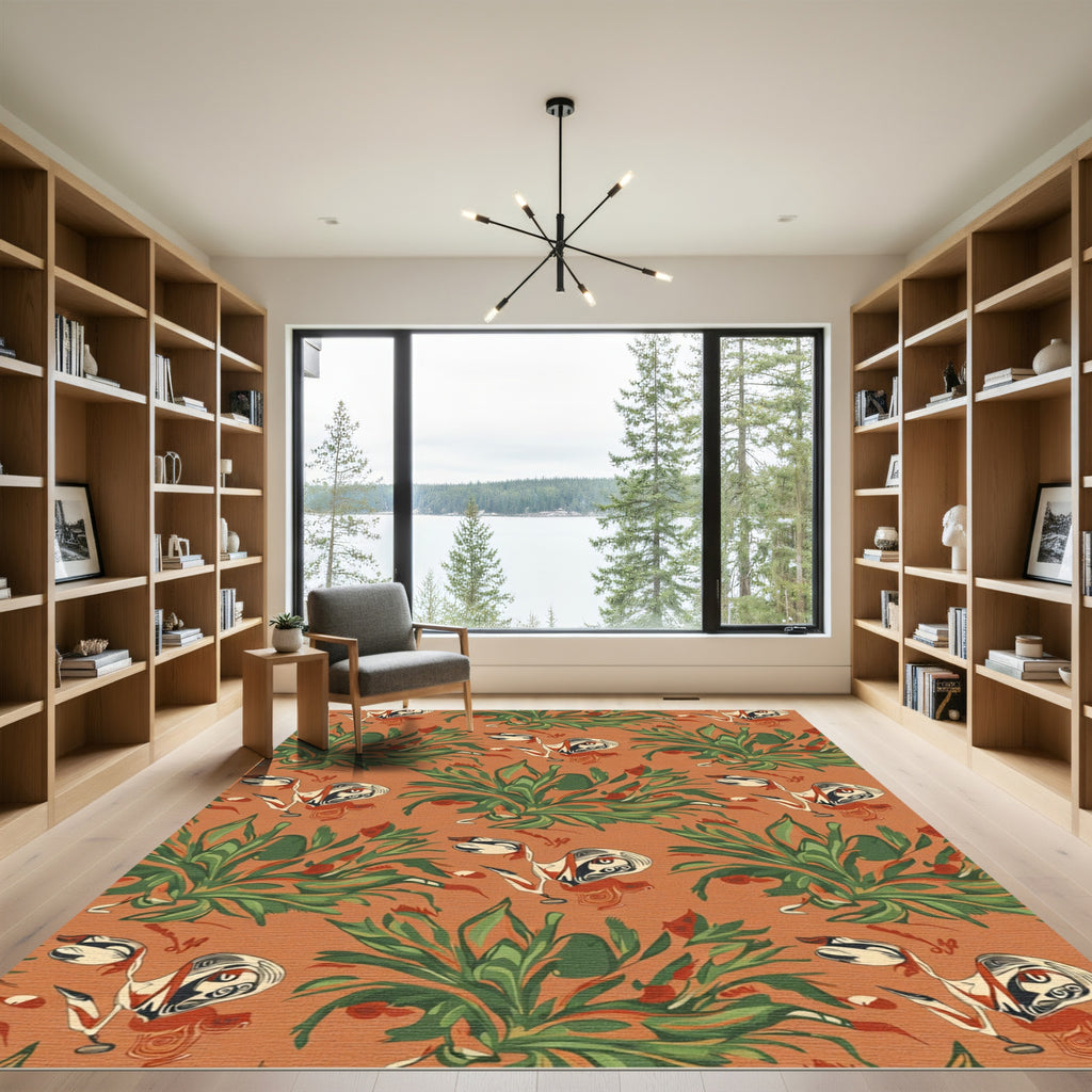 Ornate Orange Tropical Bird Floral Rug