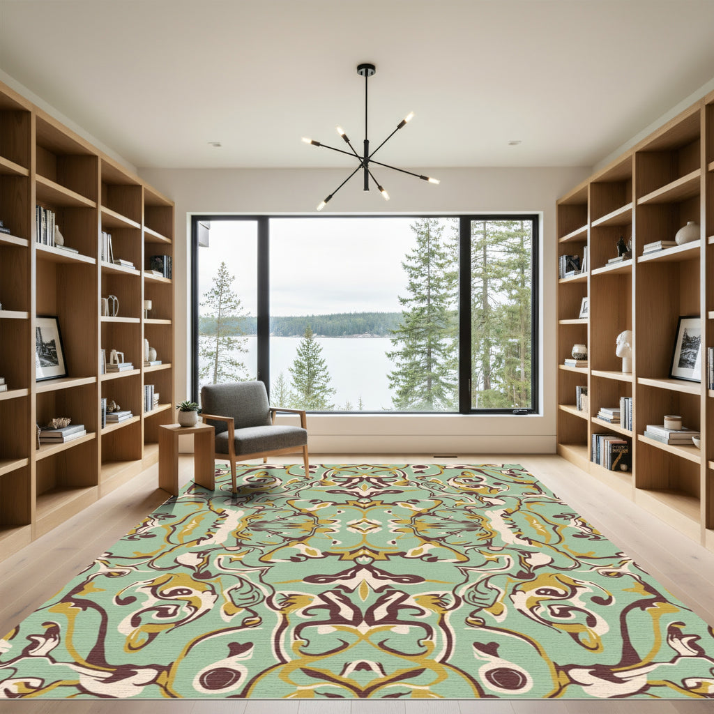 Green Gold Brown Swirl Abstract Rug