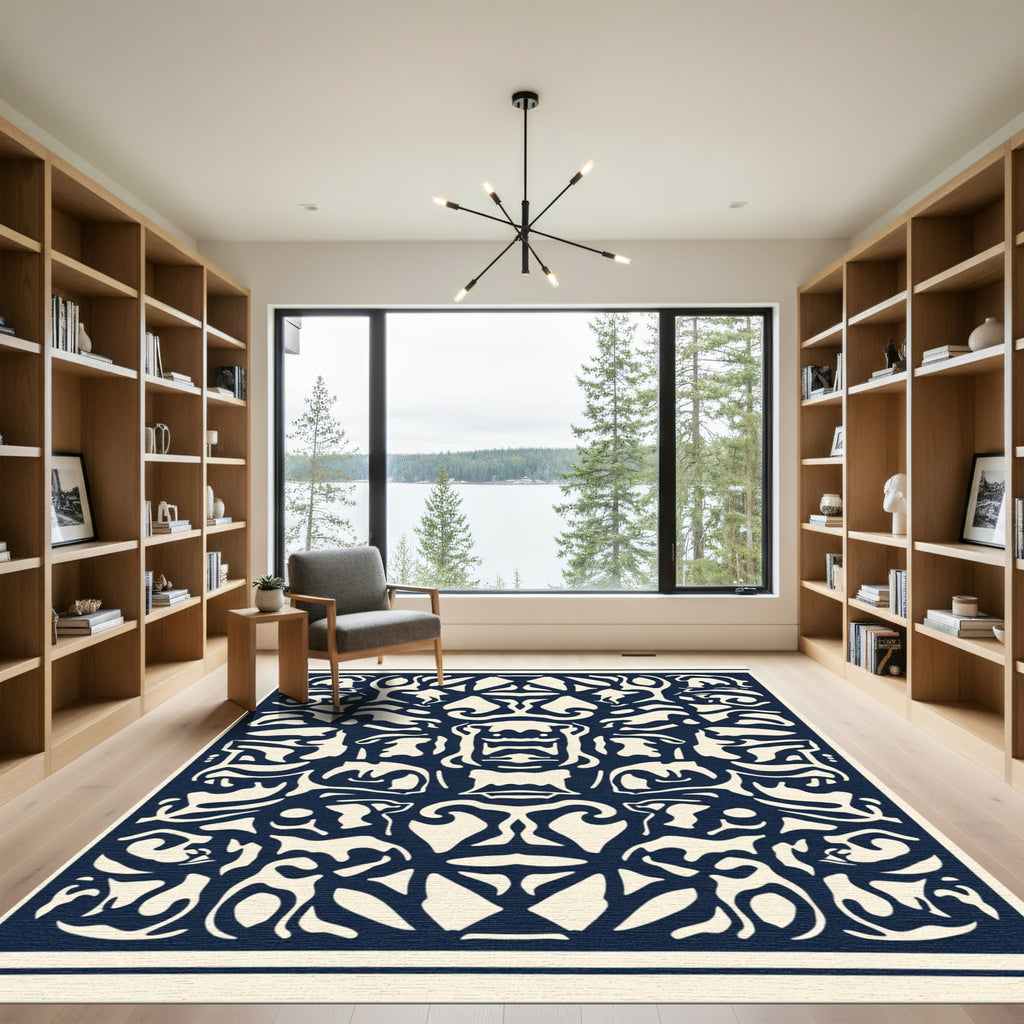 Navy Cream Symmetrical Abstract Forms Rug