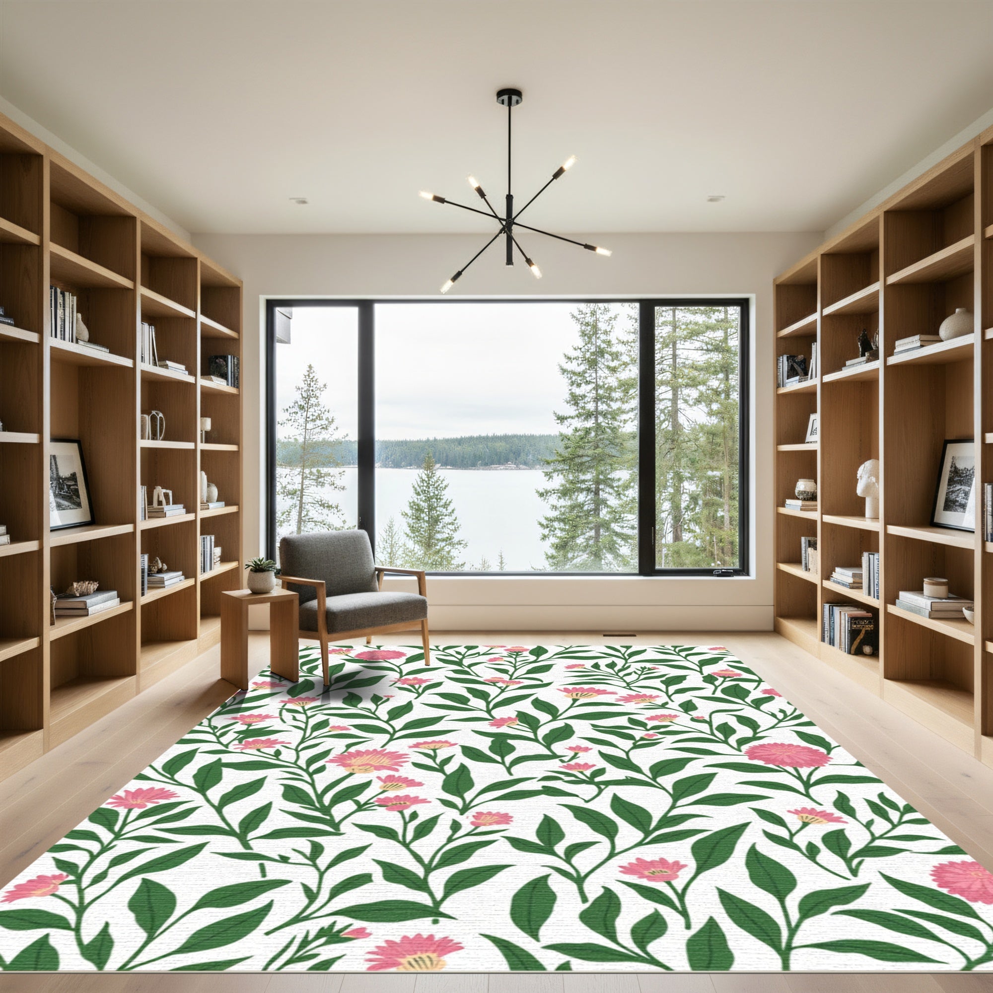 Pink Flower Branch Botanical White Rug