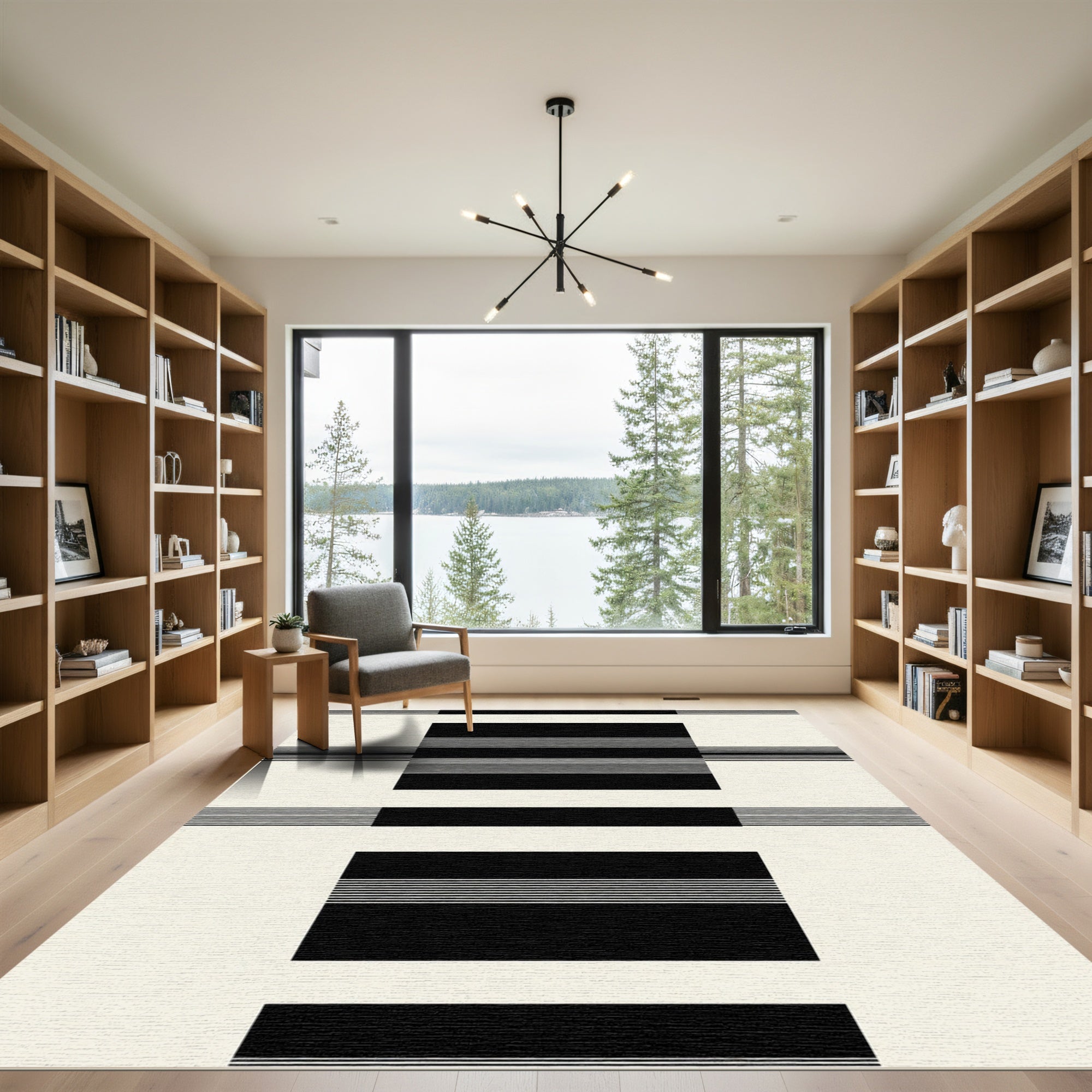 Black White Bold Stripe Rectangles Rug
