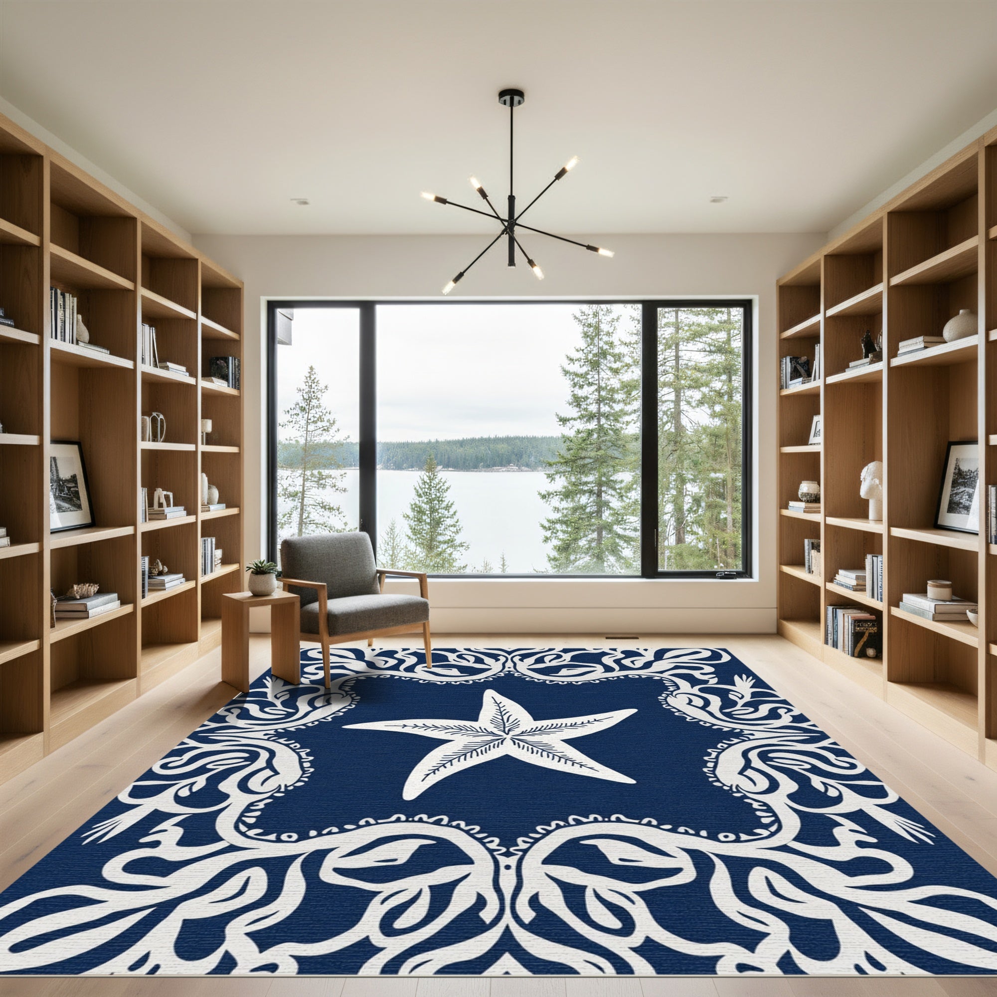 Navy Blue White Starfish Border Rug