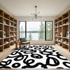 Black White Abstract Swirls Circles Rug