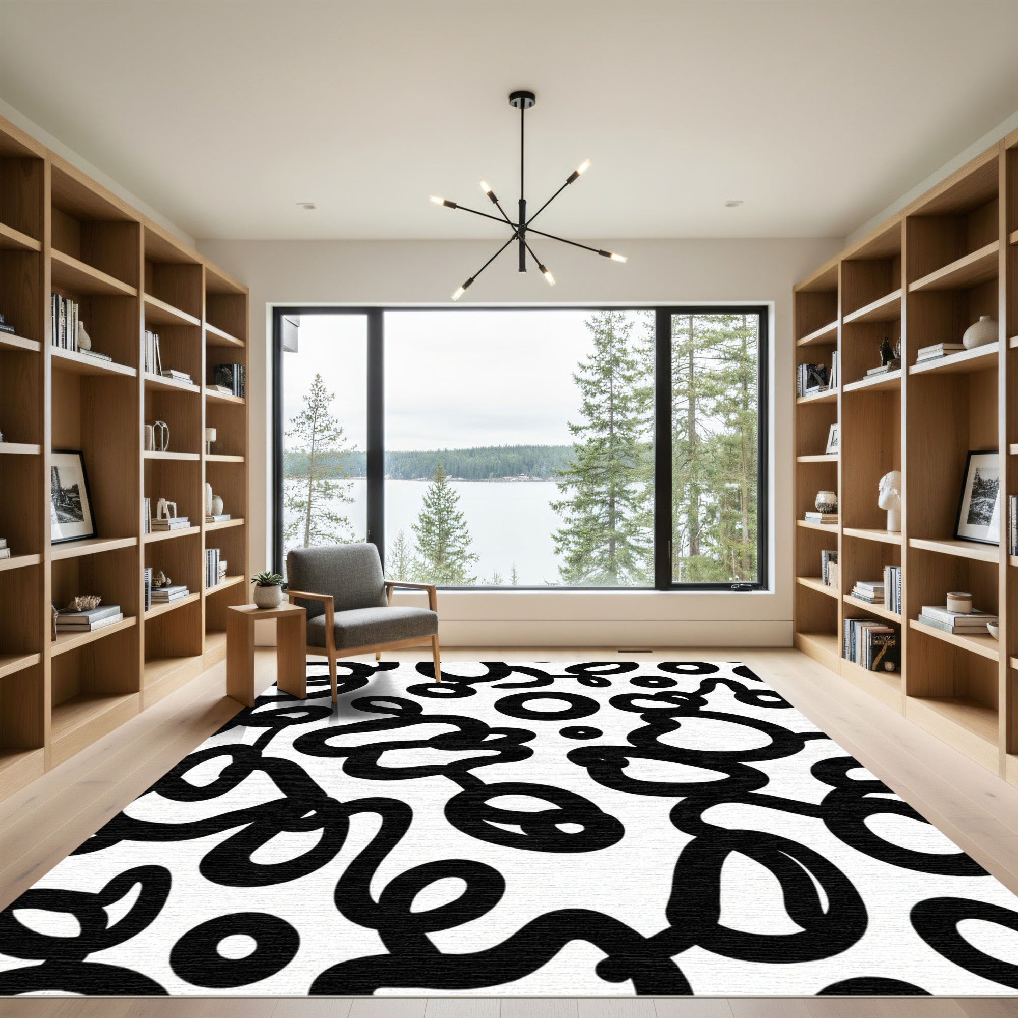 Black White Abstract Swirls Circles Rug